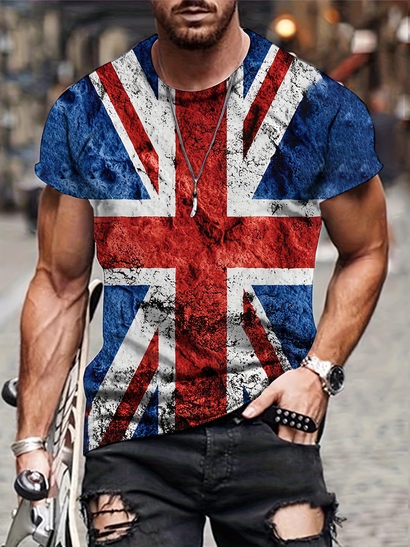 Men's Vintage British Flag Print T shirt Mid Stretch Crew Neck Tee