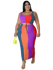 Colorblock Ribbed Tank Top & Skirt Set Women's Plus Medium Stretch 2pc