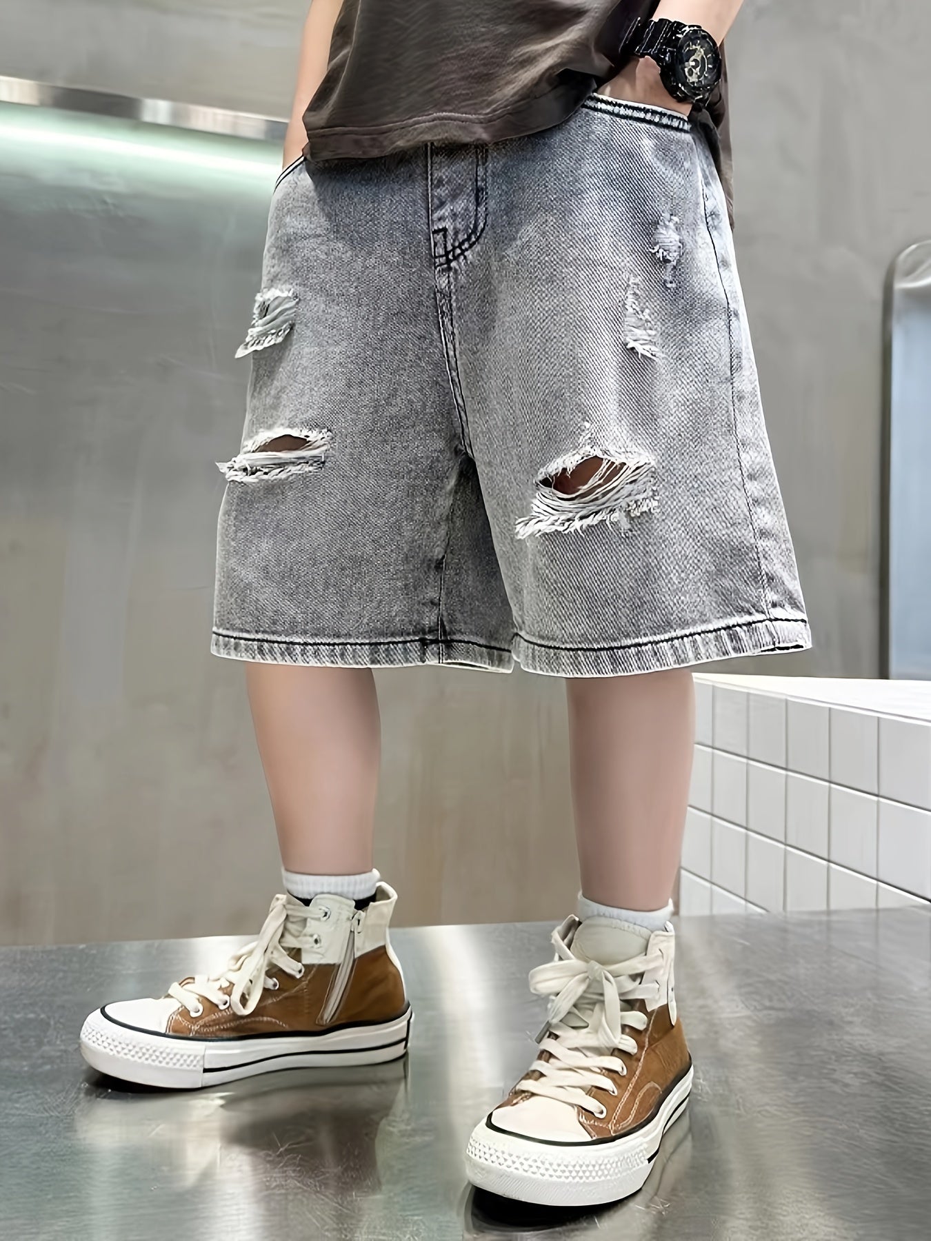 Boys Ripped Denim Jeans Shorts Pockets Casual Summer Kids Clothing