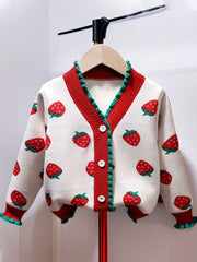 Girls Strawberry Jacquard Knit Cardigan Sweater