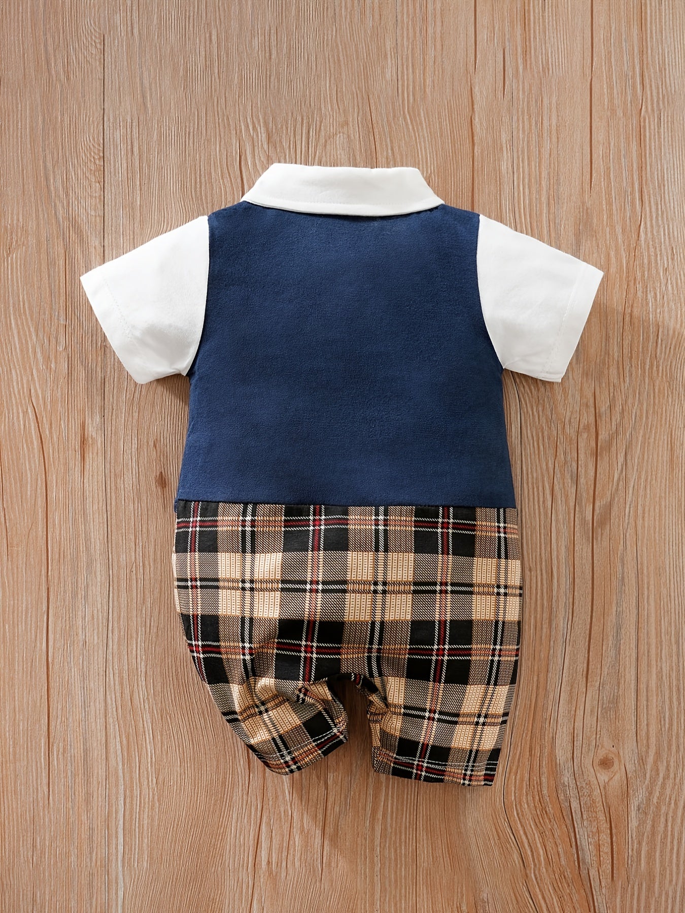 Baby Boys Plaid Tuxedo Romper With Bowtie