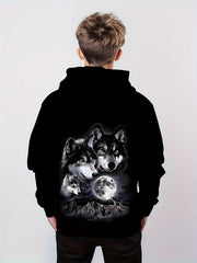 Moon & Wolves 3D Print Hoodie Kids Hip Hop Street Sports Casual Tops