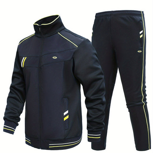 Men's Sports Suit with Striped Stand Collar Jacket & Active Pants