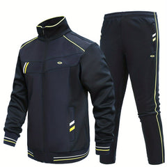 Men's Sports Suit with Striped Stand Collar Jacket & Active Pants