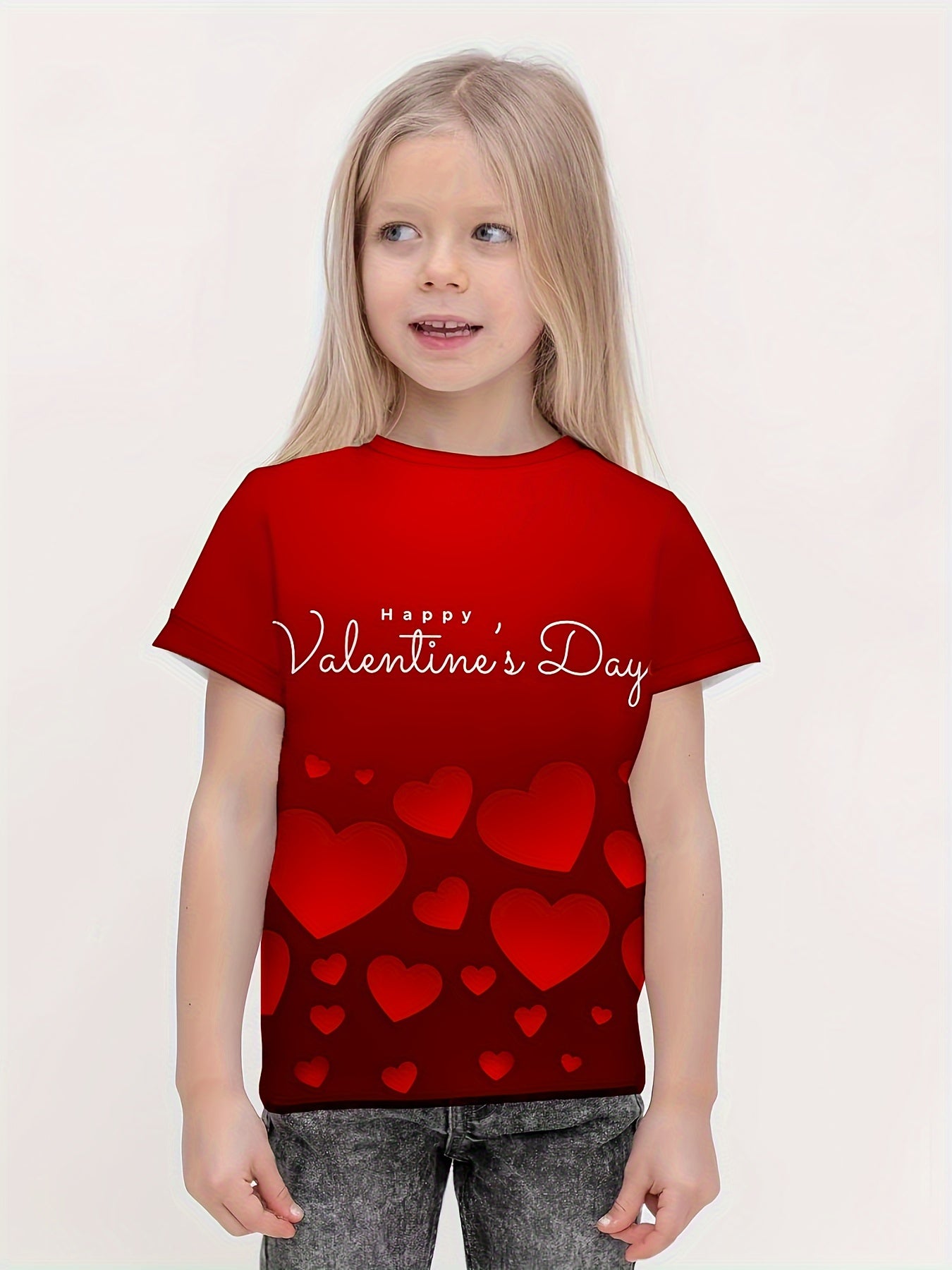 Heart & HAPPY Print Short Sleeve T shirt For Girls Summer Clothes