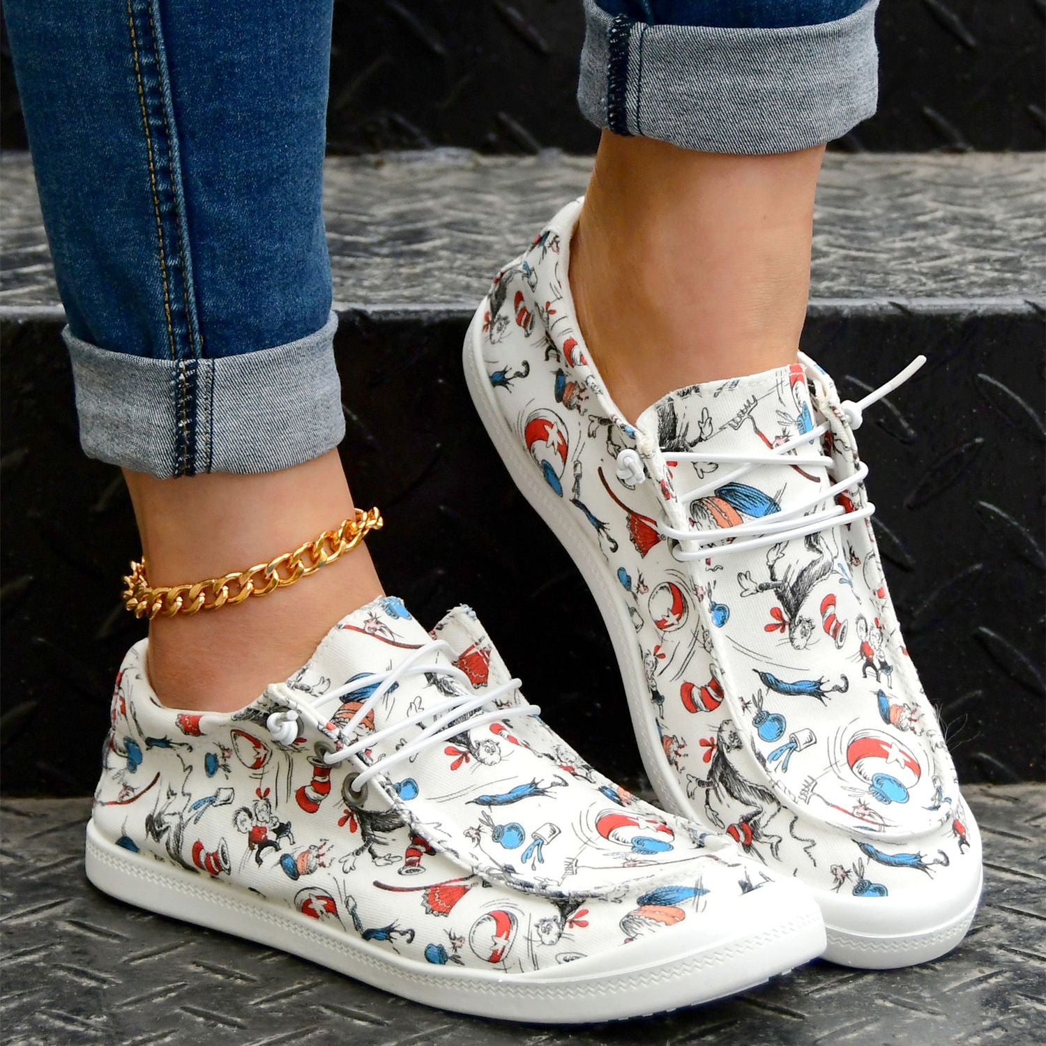Women's Cartoon Print Canvas Loafers Lace Up Slip On Casual Low Top Shoes