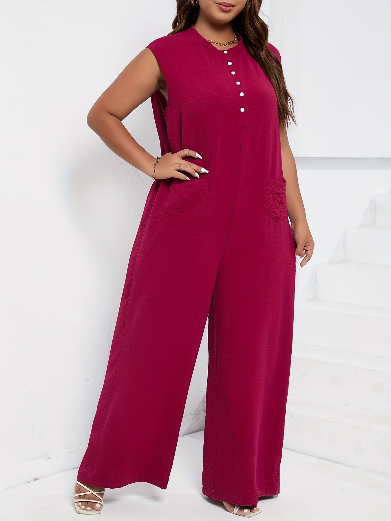 Button Up Mock Neck Wide Leg Jumpsuit
