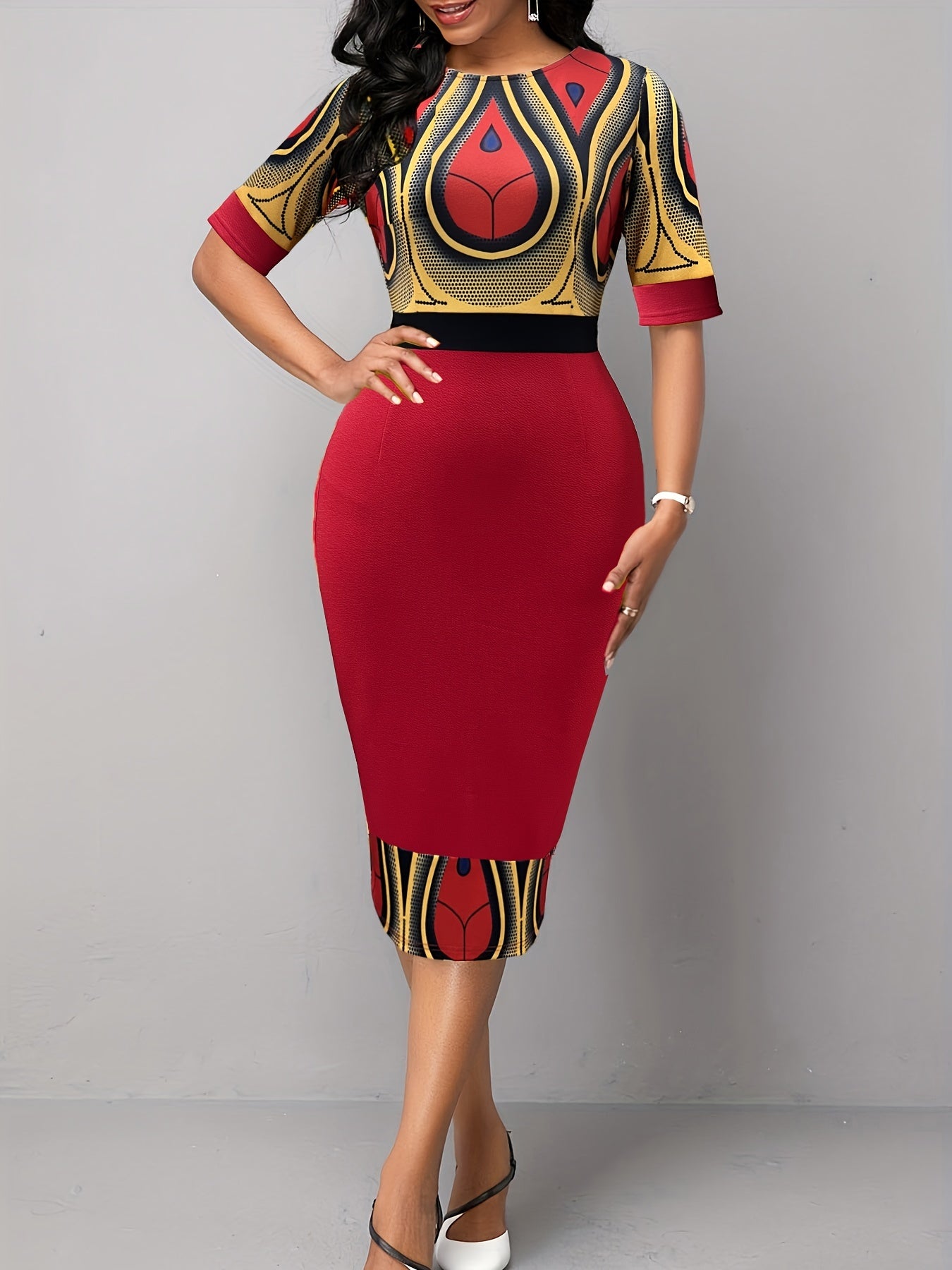 Striped & Floral Bodycon Dress Short Sleeve Crew Neck Spring Summer