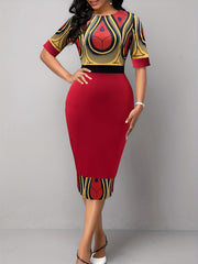 Striped & Floral Bodycon Dress Short Sleeve Crew Neck Spring Summer