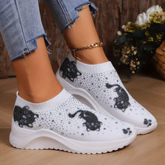 Cat Pattern Rhinestone Decor Breathable Running Shoes Lightweight Sneakers