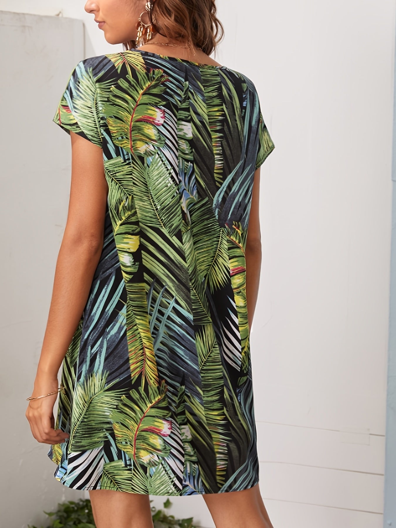 Tropical Print Mini Dress V Neck Short Sleeve Women's Clothing