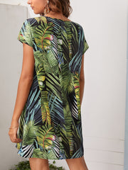 Tropical Print Mini Dress V Neck Short Sleeve Women's Clothing