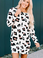 Leopard Print Crew Neck Dress Long Sleeve Spring & Summer Casual Dress