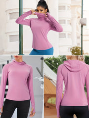 Women's Long Sleeve Loose Fit Workout Top with Hoodies Pockets