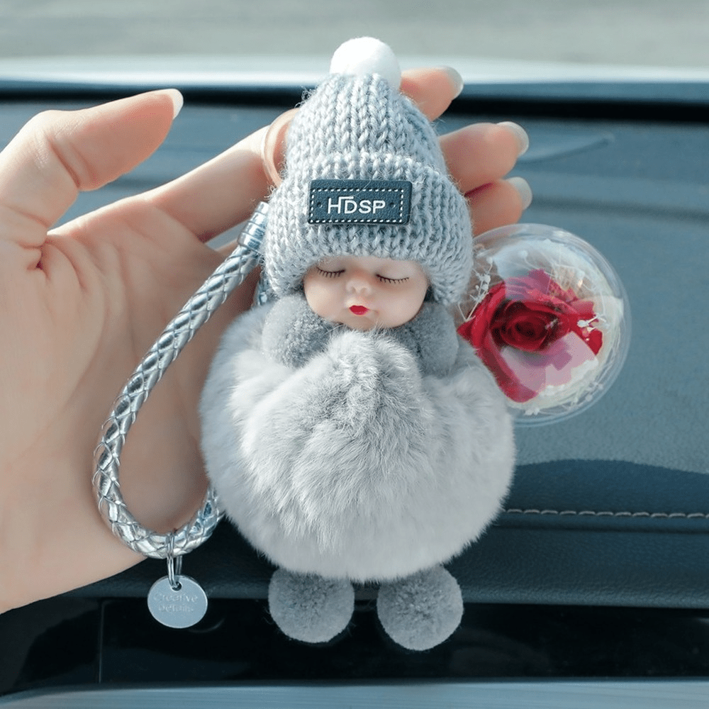 Fluffy Pompom Sleeping Doll Key Chain for Women