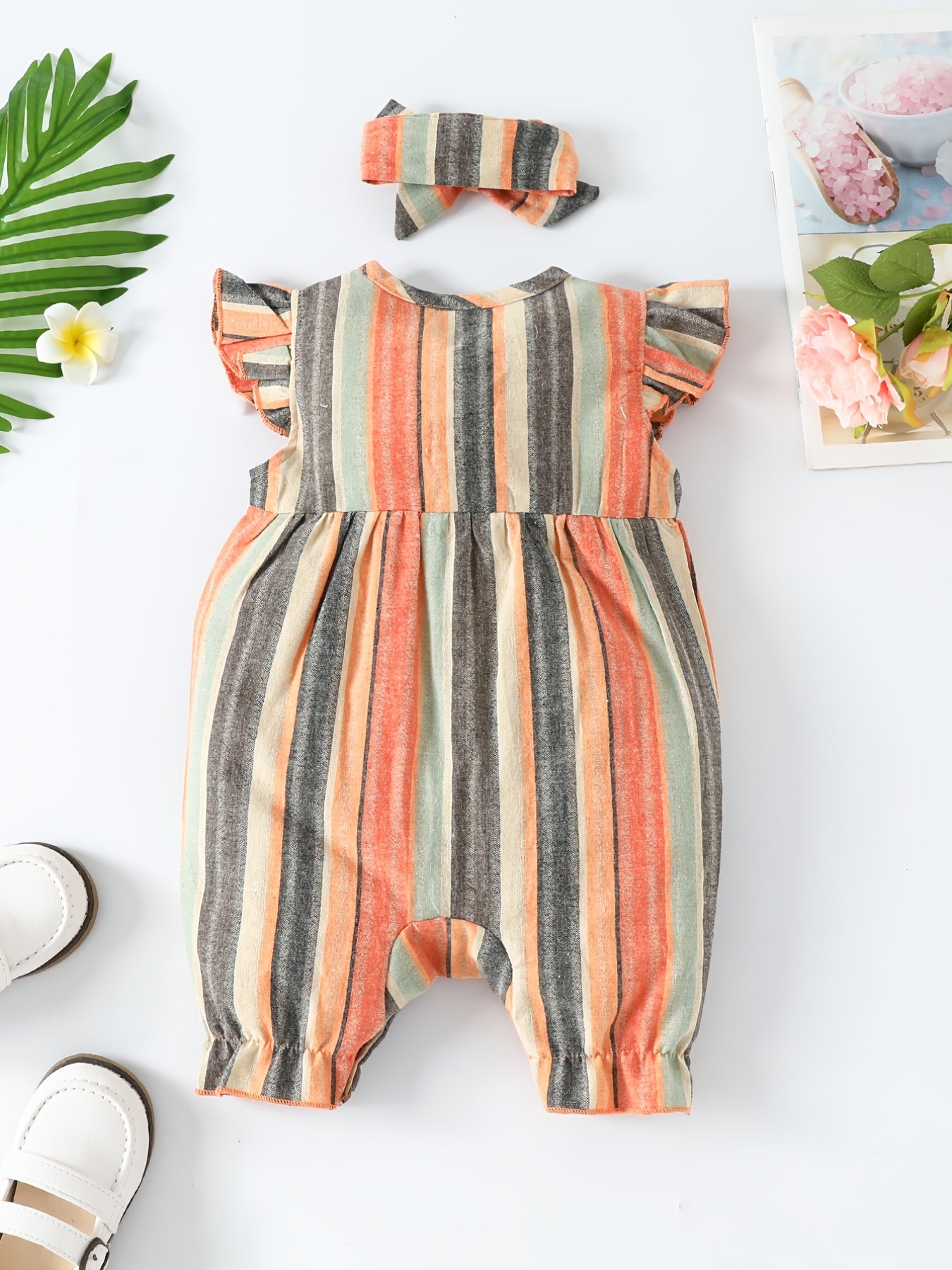 Baby Girls Striped Ruffled Romper & Headband Set