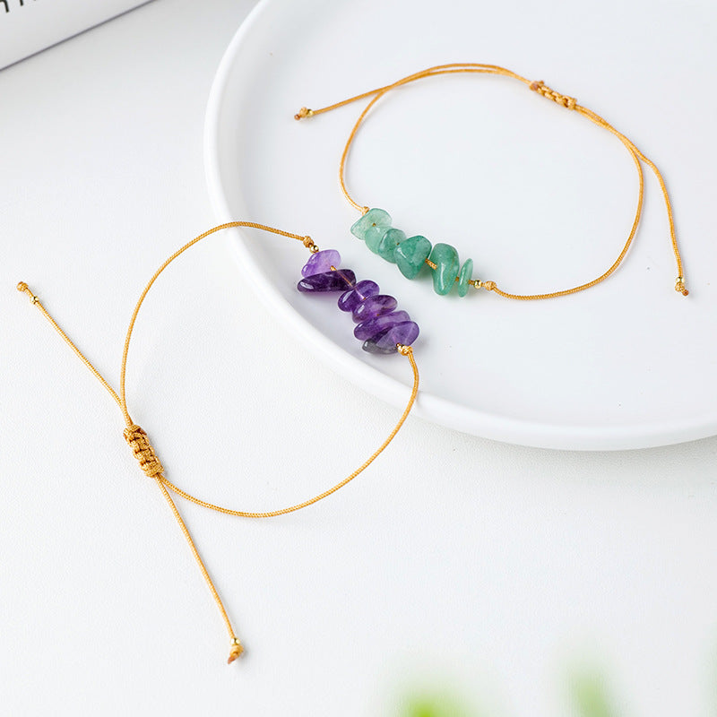 Natural Crystal Gravel Raw Stone Bracelet with Rope