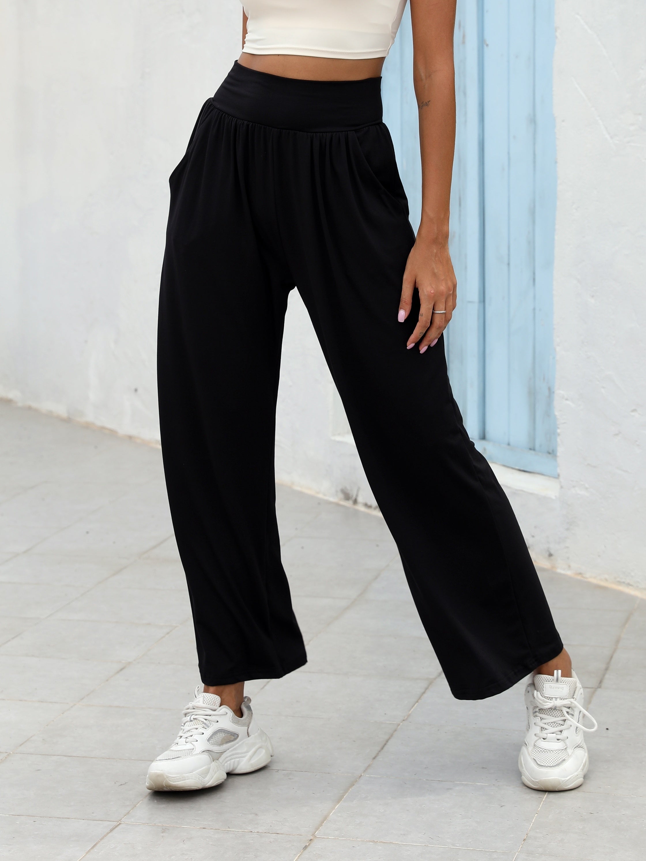 Women's Wide Leg Sports Pants High Waist Elastic Loose Yoga Casual Fitness