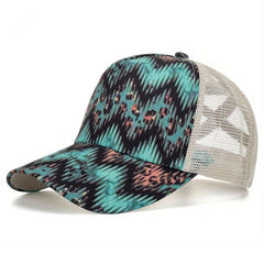 Cartoon Print Baseball Cap Ponytail Mesh Trucker Hats Lightweight Sun Shade