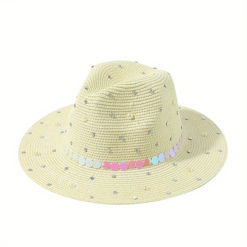 Faux Pearl Decor Straw Fedora Cap Jazz Sun Hat for Women