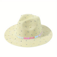 Faux Pearl Decor Straw Fedora Cap Jazz Sun Hat for Women