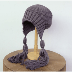 Long Twist Braided Sweater Hat Women's Tassel Knitted Hat Solid Warm Ear Protect