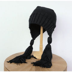 Long Twist Braided Sweater Hat Women's Tassel Knitted Hat Solid Warm Ear Protect
