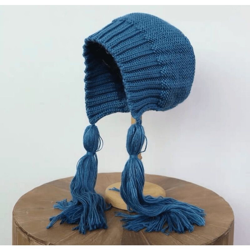 Long Twist Braided Sweater Hat Women's Tassel Knitted Hat Solid Warm Ear Protect