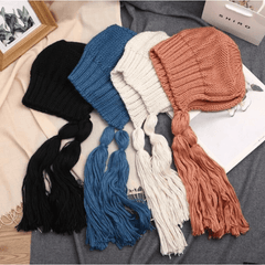 Long Twist Braided Sweater Hat Women's Tassel Knitted Hat Solid Warm Ear Protect