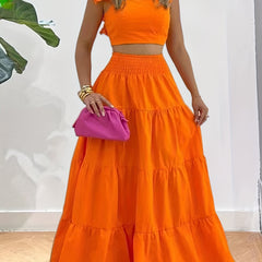 Ruffle Trim Crop Top & Maxi Skirts Set Women's Clothing