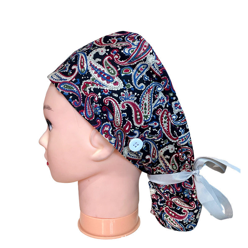 Adjustable Work Hat Paisley Print Nurse Hat With Button Elastic Scrub Cap