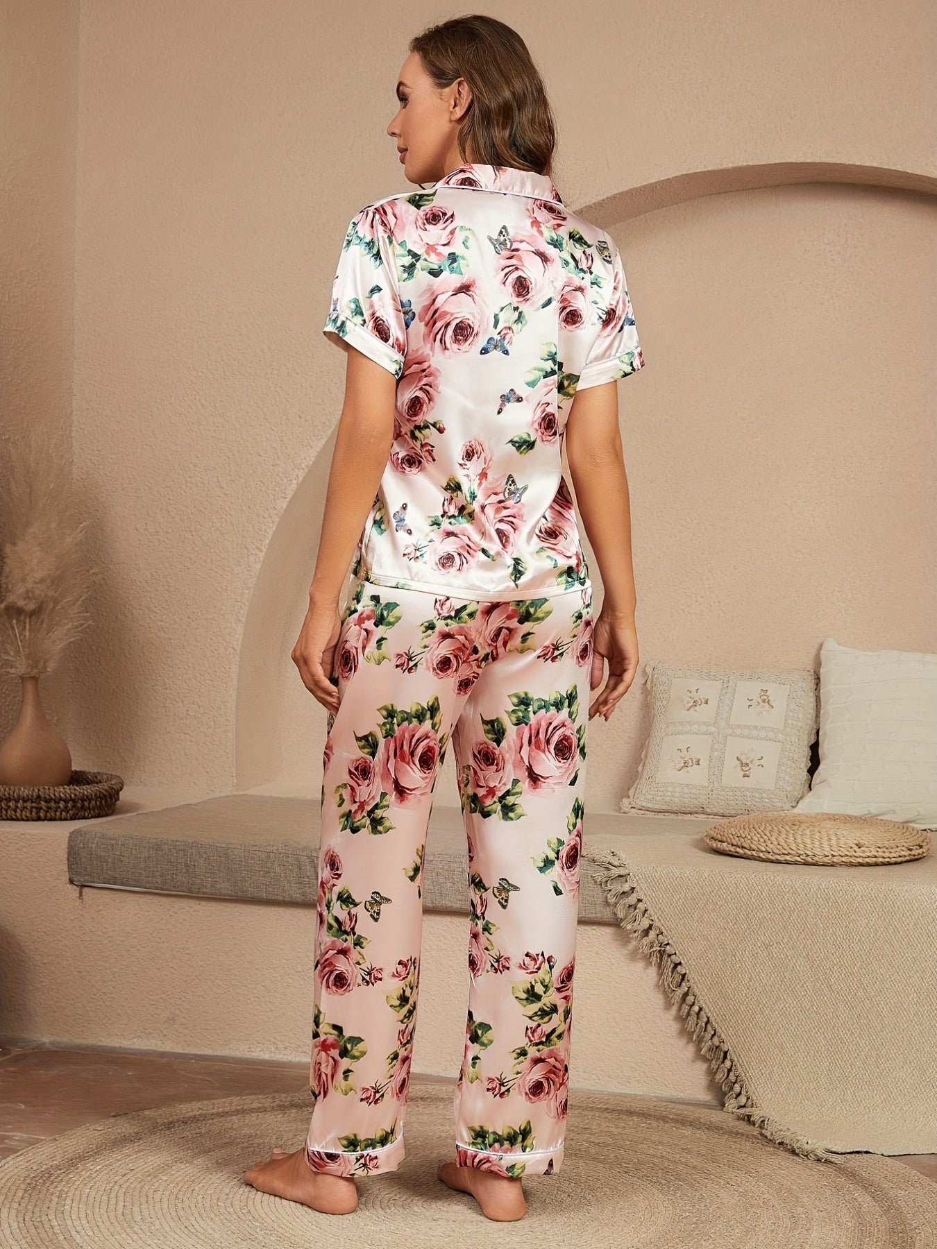 Floral Print Pajama Set Short Sleeve Buttons Top & Elastic Waistband Pants