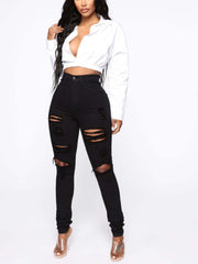 Distressed Skinny Leg Jeans High Waist Stretch Slim Fit High Rise Denim Pants