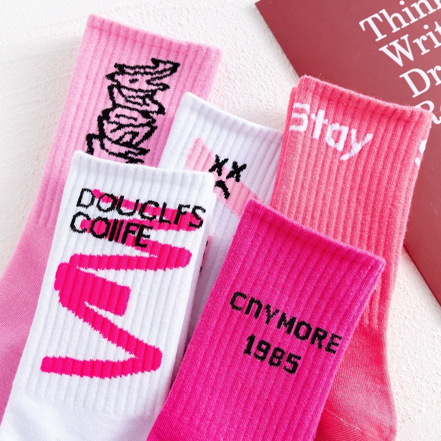 5 Pairs Women's Bubble Pink Letter Pattern Socks
