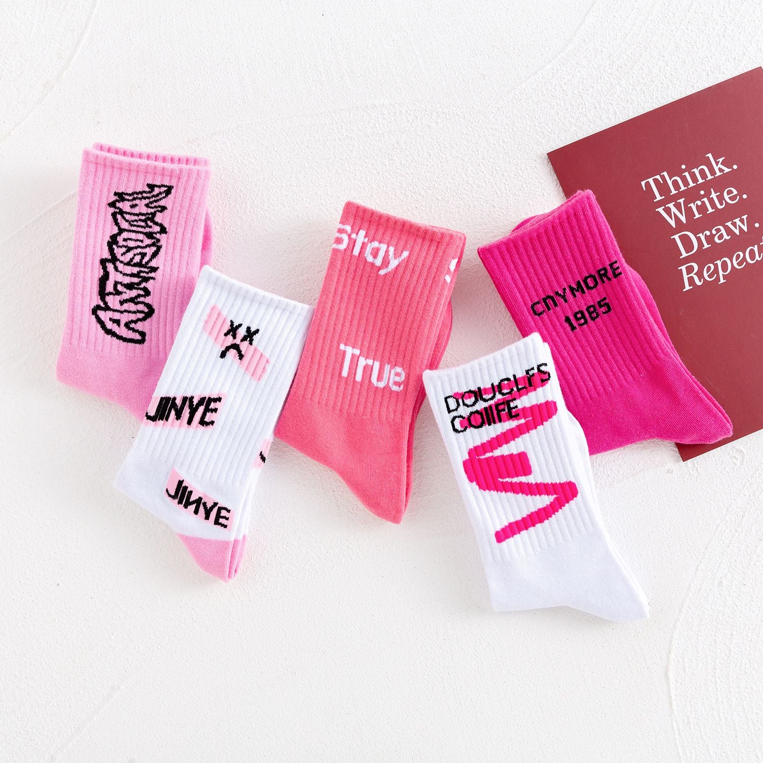 5 Pairs Women's Bubble Pink Letter Pattern Socks