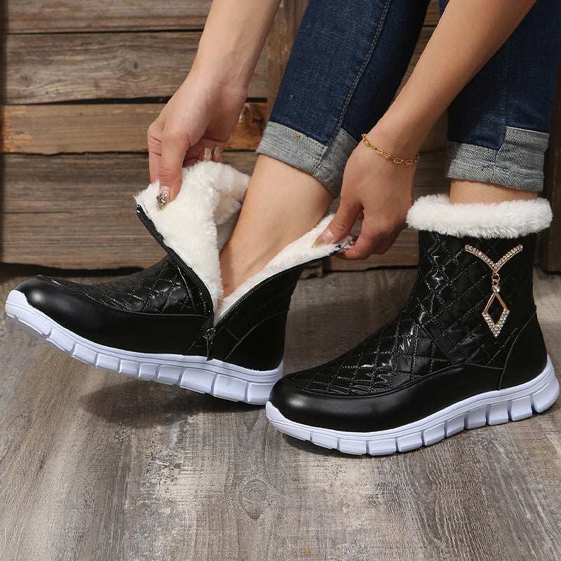 Women's Metal Decor Zip Plush Snow Boots Thick Sole Winter Warm Shoes