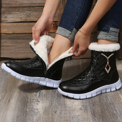 Women's Metal Decor Zip Plush Snow Boots Thick Sole Winter Warm Shoes