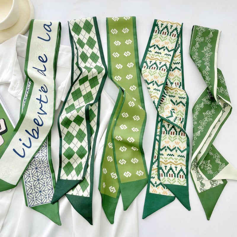 Green Hair Band Long Silk Scarf Women's Printed Decorative Scarf