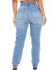 High Waist Drawstring Jogger Pants Elastic Waist Loose Denim Jeans