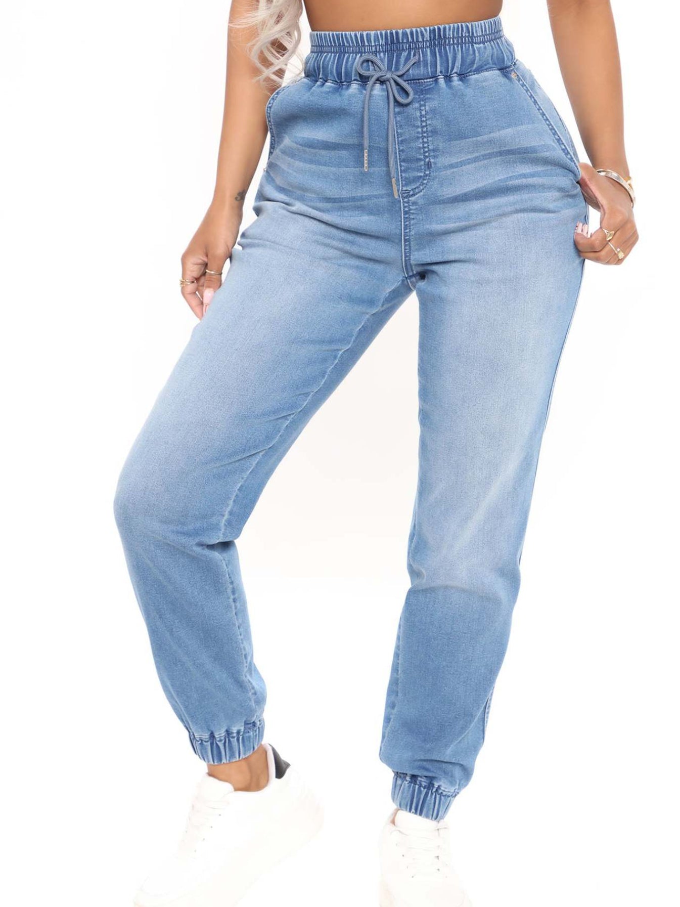 High Waist Drawstring Jogger Pants Elastic Waist Loose Denim Jeans