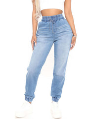 High Waist Drawstring Jogger Pants Elastic Waist Loose Denim Jeans