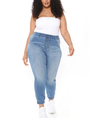High Waist Drawstring Jogger Pants Elastic Waist Loose Denim Jeans