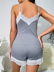 Lace Pajama Set V Neck Cami Top & Scallop Trim Shorts Women's Sleepwear