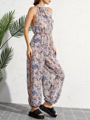 Print Tie Neck Side Split Cover Up Jumpsuit Sexy Beach Cover Up