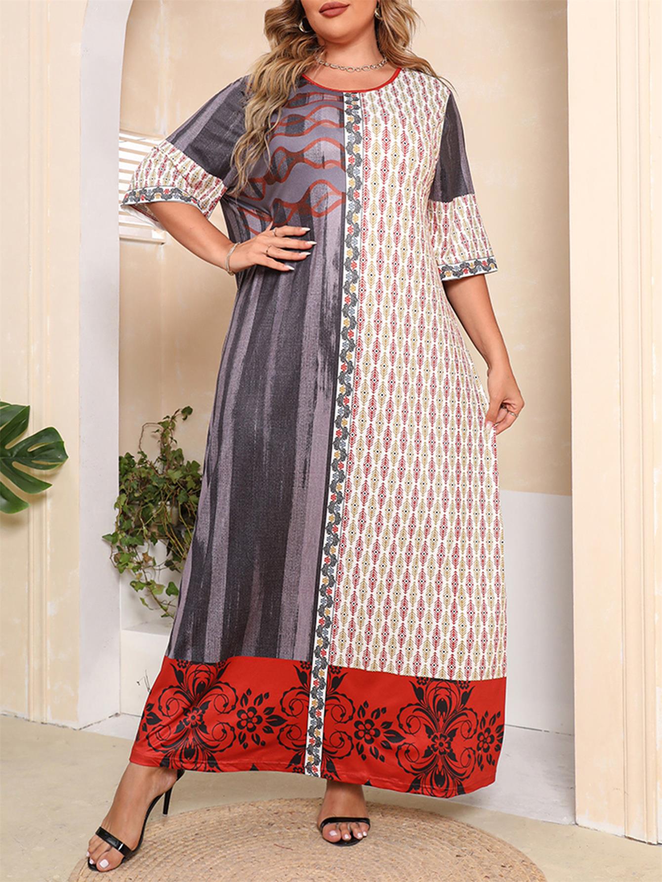 Ethnic Print Colorblock Long Tee Dress Women's Loose Fit Maxi Dress