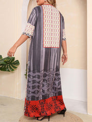 Ethnic Print Colorblock Long Tee Dress Women's Loose Fit Maxi Dress
