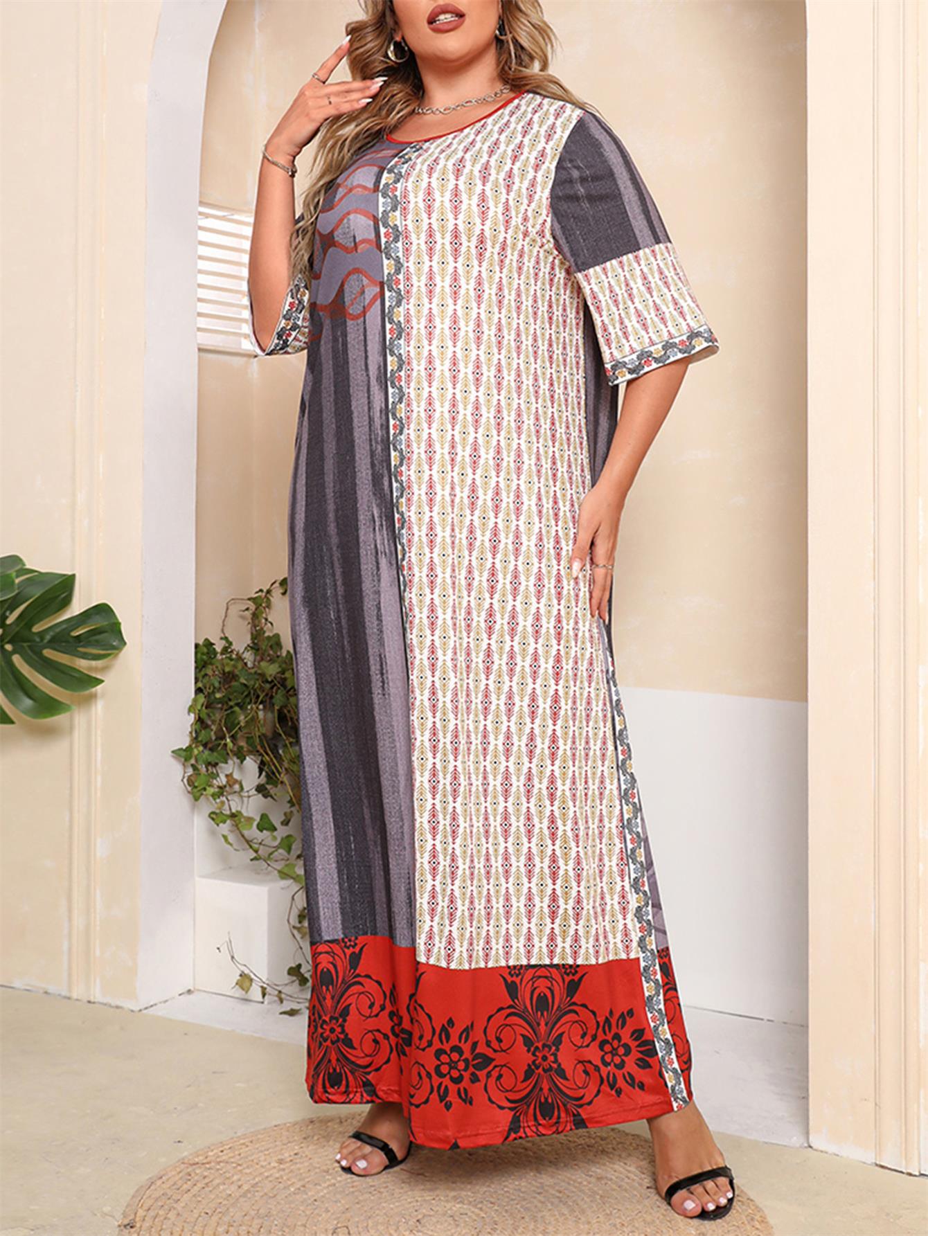 Ethnic Print Colorblock Long Tee Dress Women's Loose Fit Maxi Dress