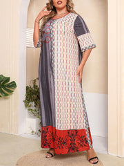Ethnic Print Colorblock Long Tee Dress Women's Loose Fit Maxi Dress