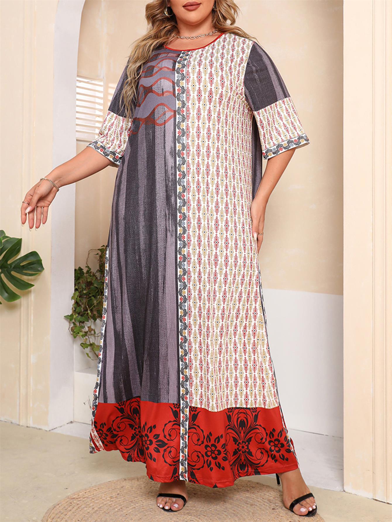 Ethnic Print Colorblock Long Tee Dress Women's Loose Fit Maxi Dress