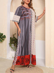 Ethnic Print Colorblock Long Tee Dress Women's Loose Fit Maxi Dress